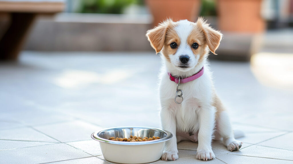 Adorable Puppy Sitting Next to Food Bowl on Sunny Patio.