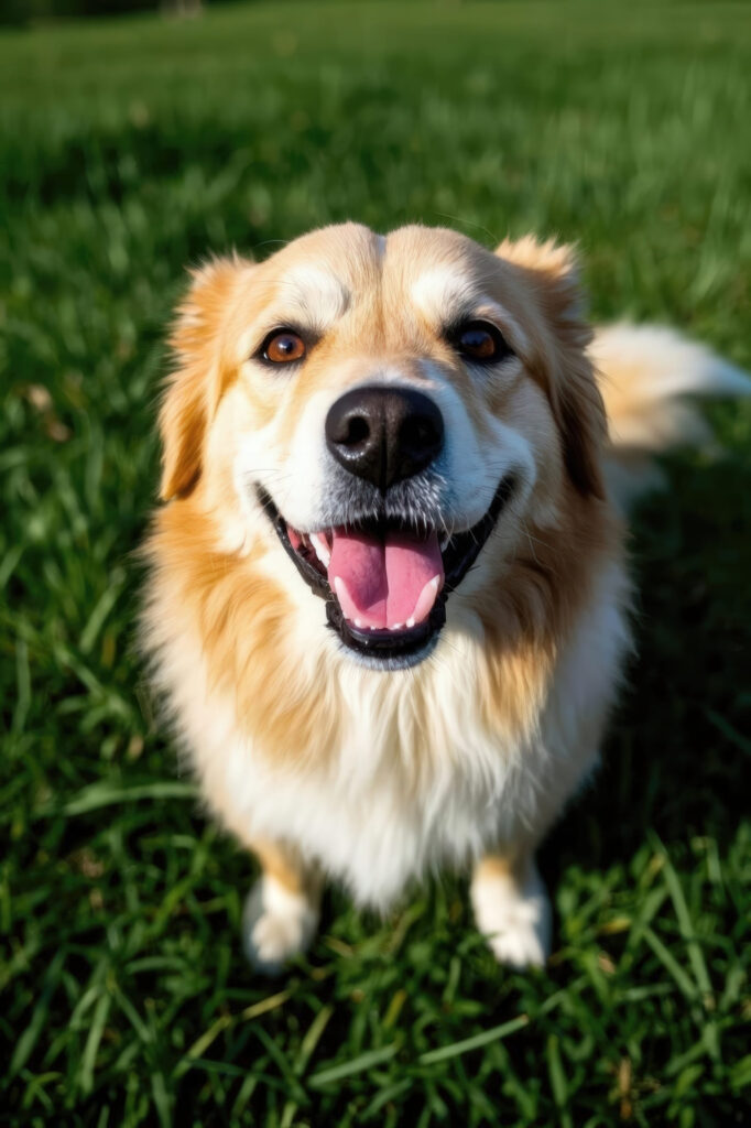 Portrait of golden retriever dog on green grass in park.