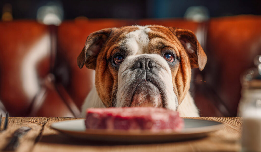 A curious bulldog gazes at a fresh, uncooked steak