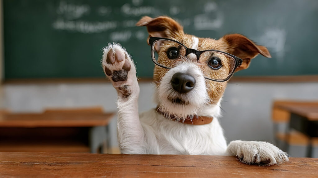 Cute jack russell terrier dog wearing glasses in a school setting